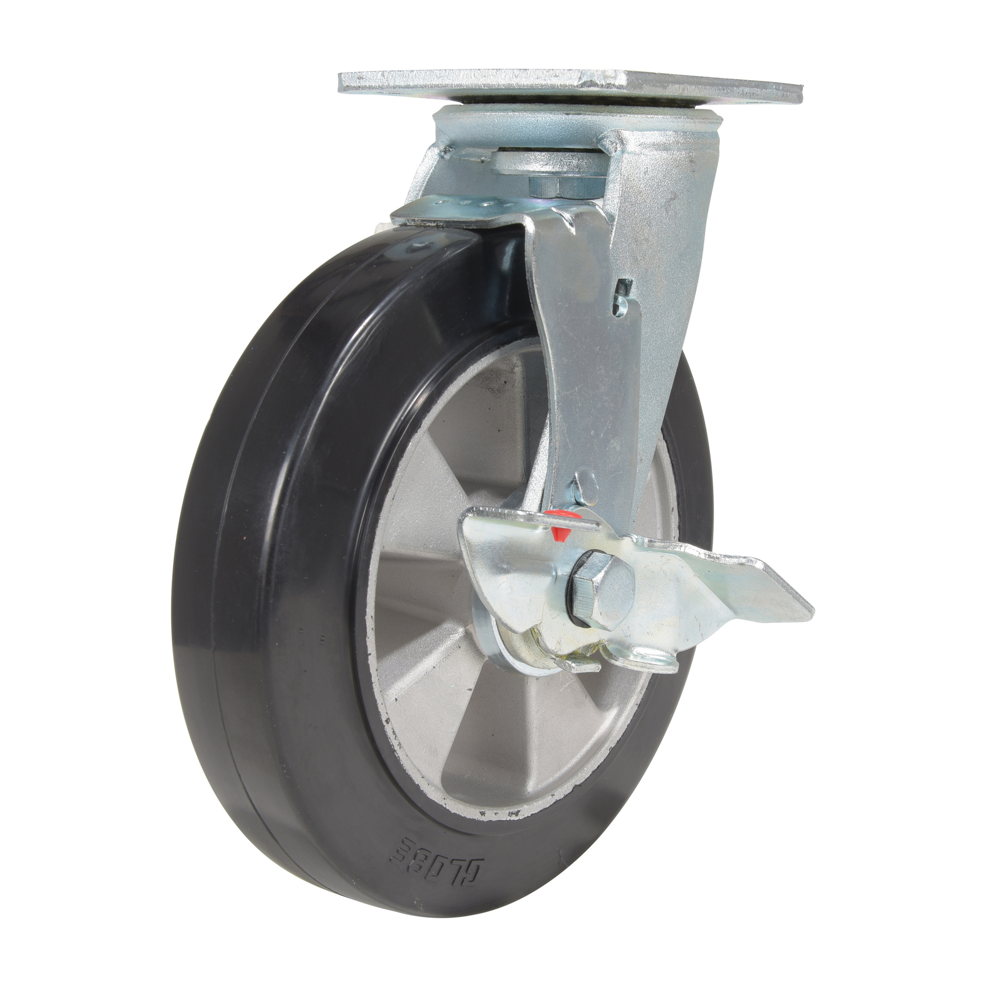 Vestil Rubber Swivel Caster with Brake - 8in. Wheel Diameter, 881 Lb. Capacity, Mold-On Rubber, Zinc Plated, Model# CST-VE-8X2MRA-SWB